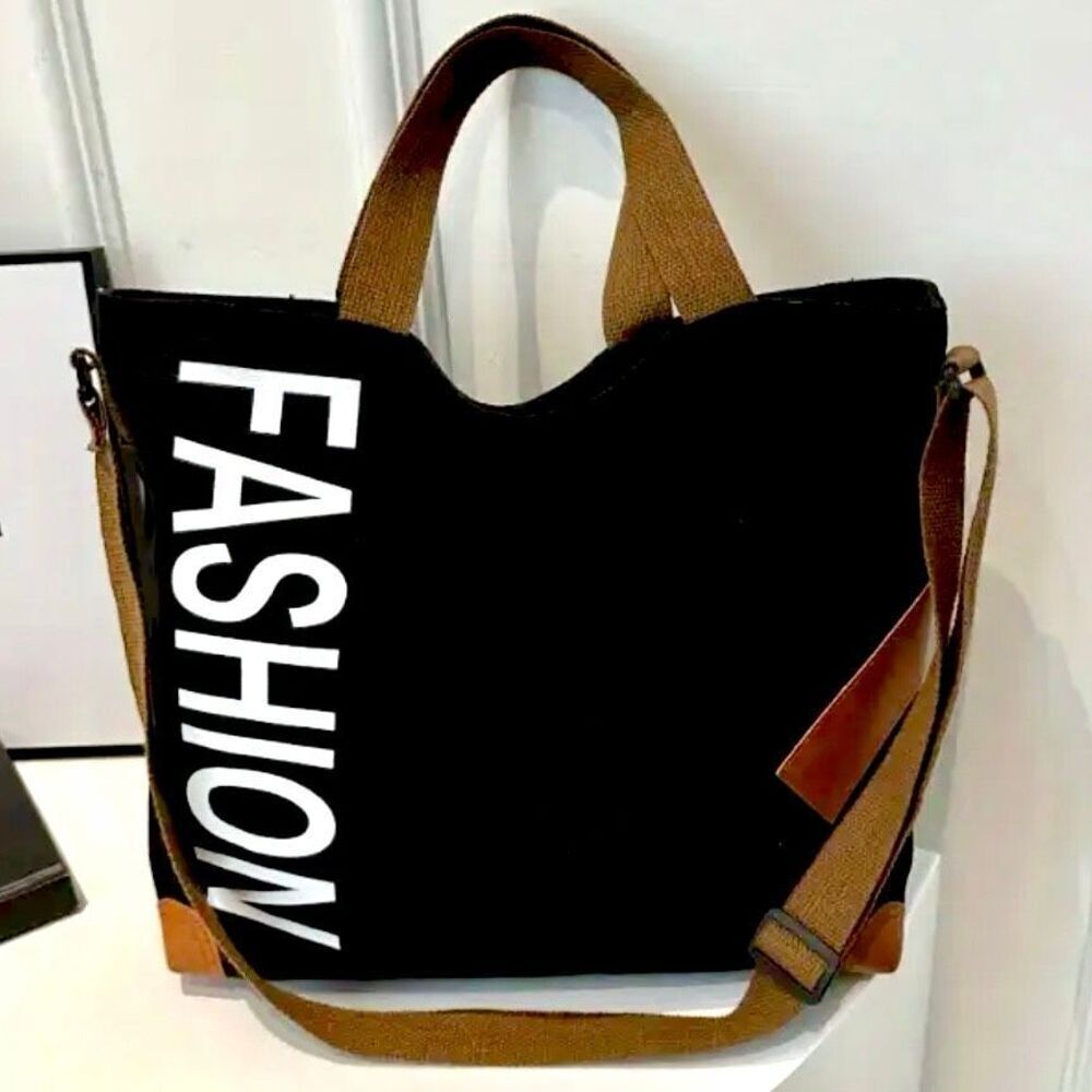 NWT FASHION Graphic Black Tan White Pu Leather Canvas Crossbody / Shoulder Bag